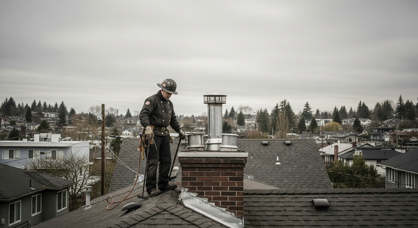 Brick chimney top showing a steel chimney cap, cracked concrete crown, and metal flashing where the chimney meets a Seat