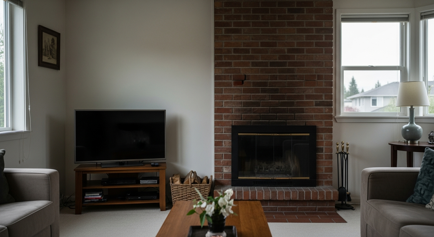 Wet brick chimney on a Seattle home with rain-darkened mortar joints under an overcast Pacific Northwest sky