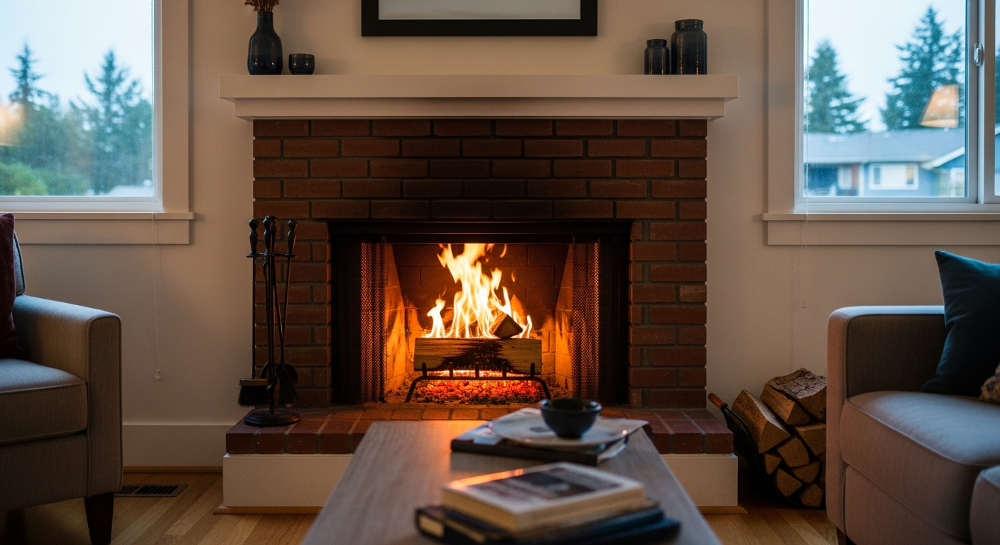 Side-by-side view of a traditional brick wood-burning fireplace and a gas fireplace insert in a Seattle-area home