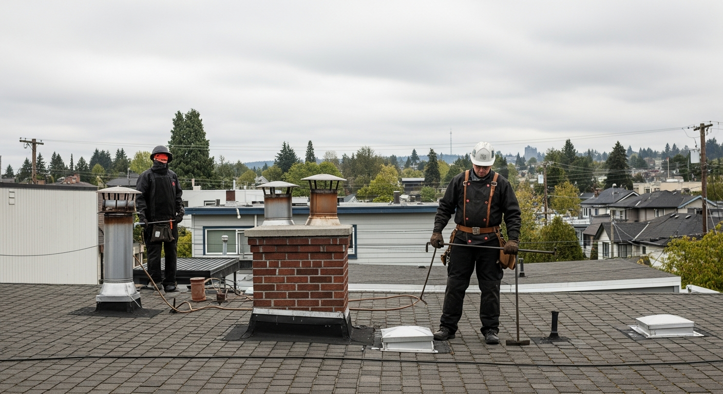 Chimney sweep inspecting a moss-edged brick chimney on a Seattle home under an overcast Pacific Northwest sky