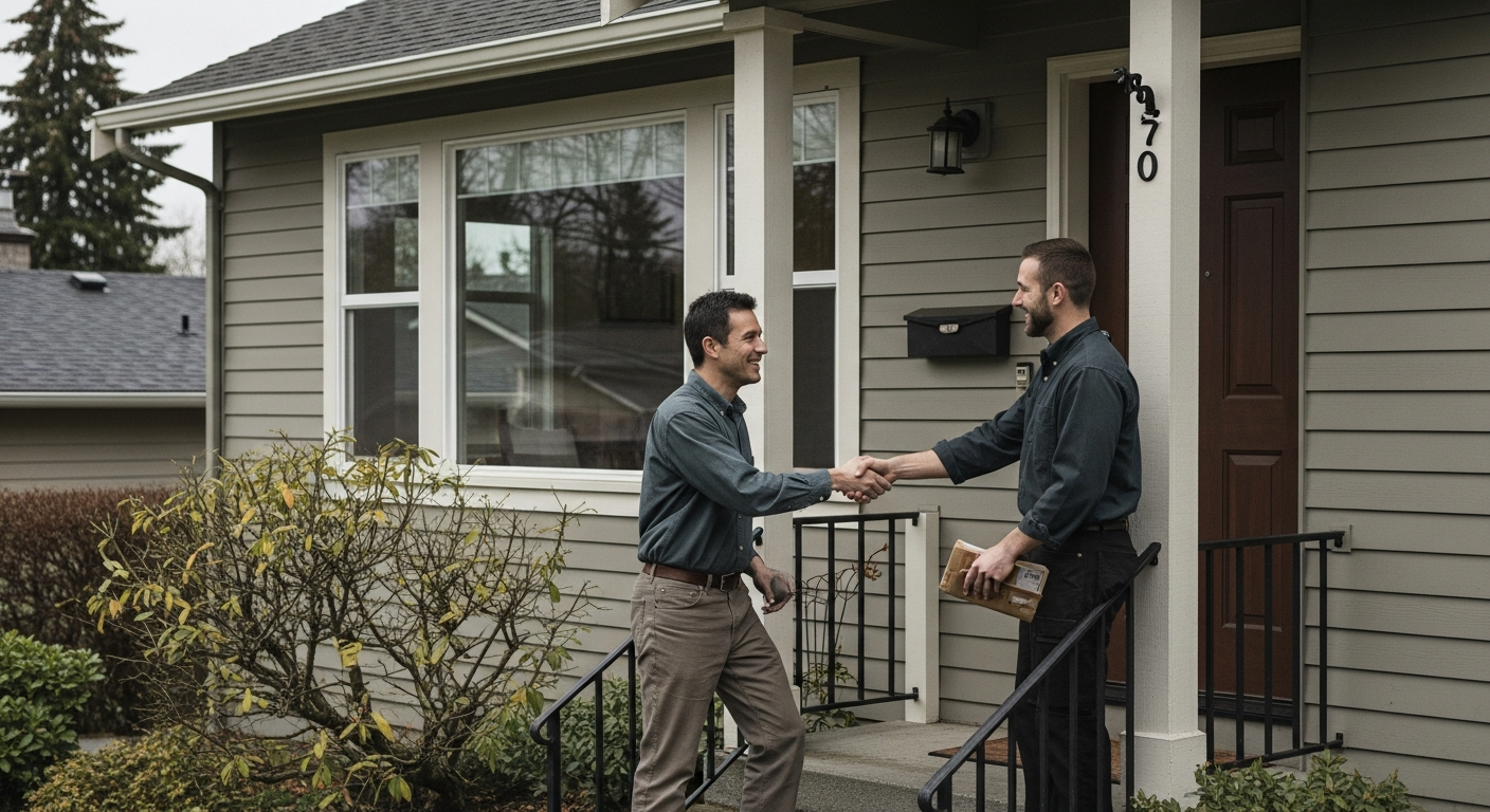 Homeowner verifying a chimney company's Washington State L&I license on a smartphone, with a brick chimney visible throu