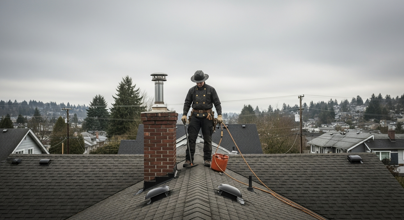 Cracked mortar crown and water-stained bricks on a Seattle home chimney after heavy Pacific Northwest rain