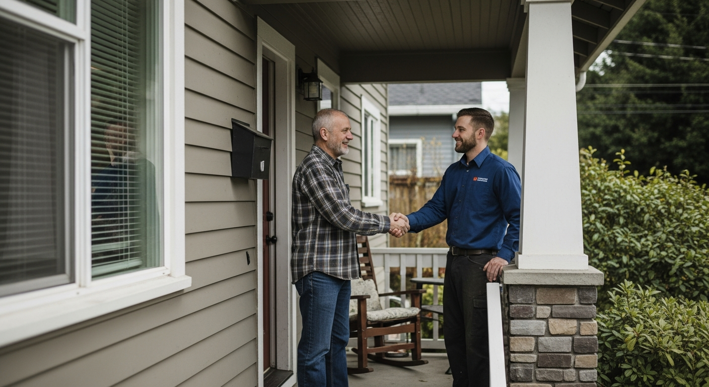 Seattle homeowner reviewing a written chimney estimate with a technician at the front door, brick chimney visible on the
